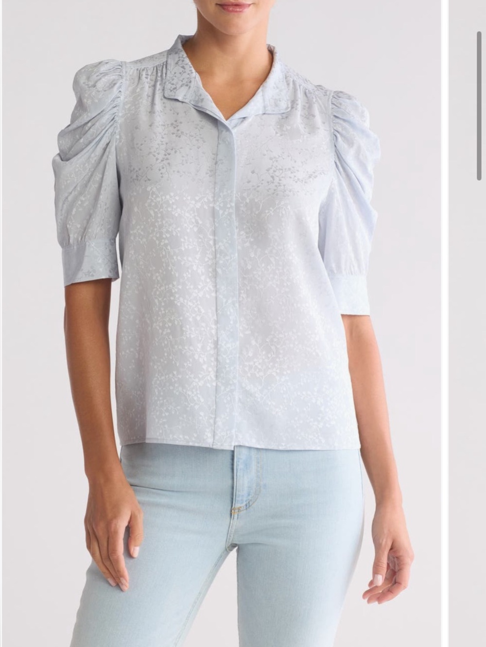 Frame Denim Pale Blue 100% Silk Jacquard Sheen Pattern Puff-Sleeve Button Down